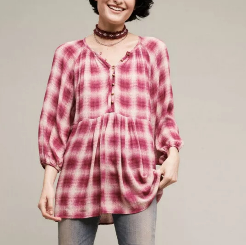 Anthropologie Maeve Women Top Calavon Plaid Blouse Button 3/4 Sleeves Peasant XS